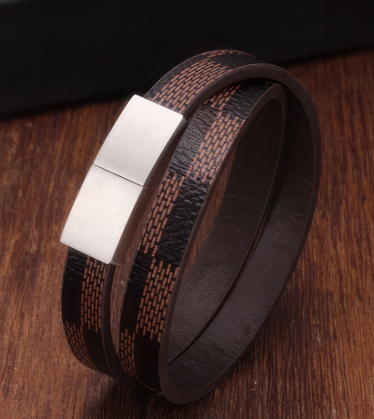 Checkered Texture Genuine Leather with Stainless Steel Magnetic Latch Bracelet in Brown