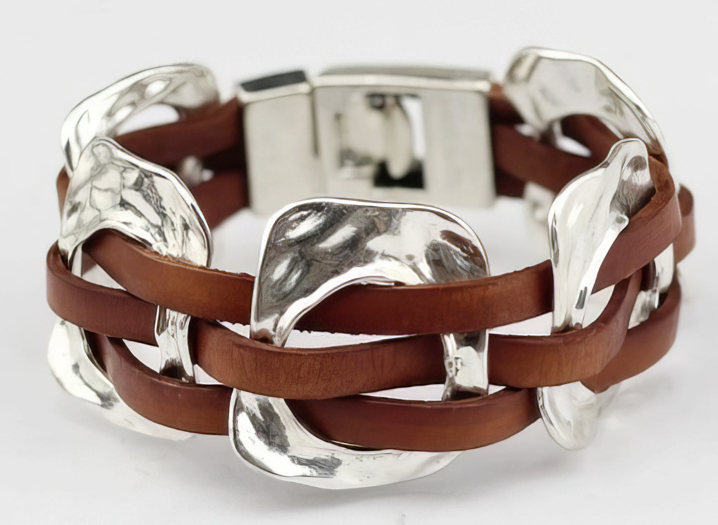 Hammered  Square Ring Leather Bracelet