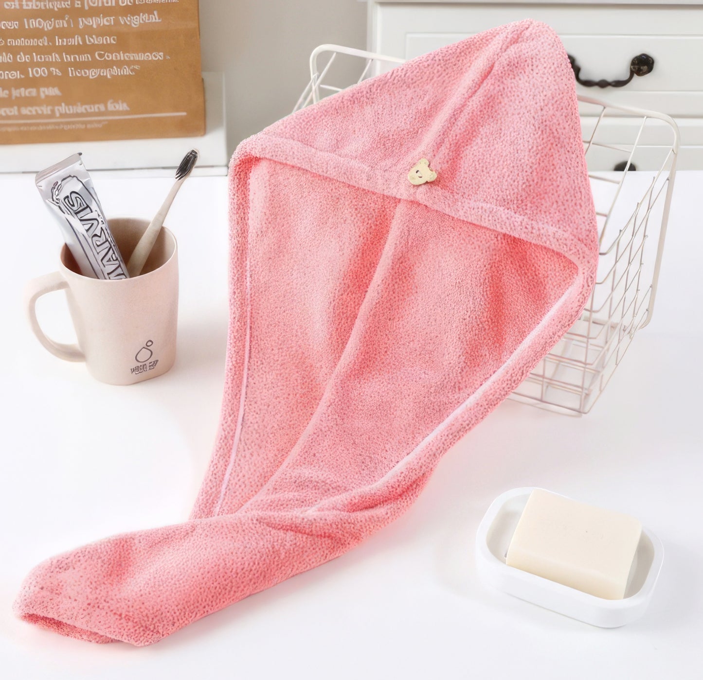 Hair Drying Hat Microfiber Towel in Pink