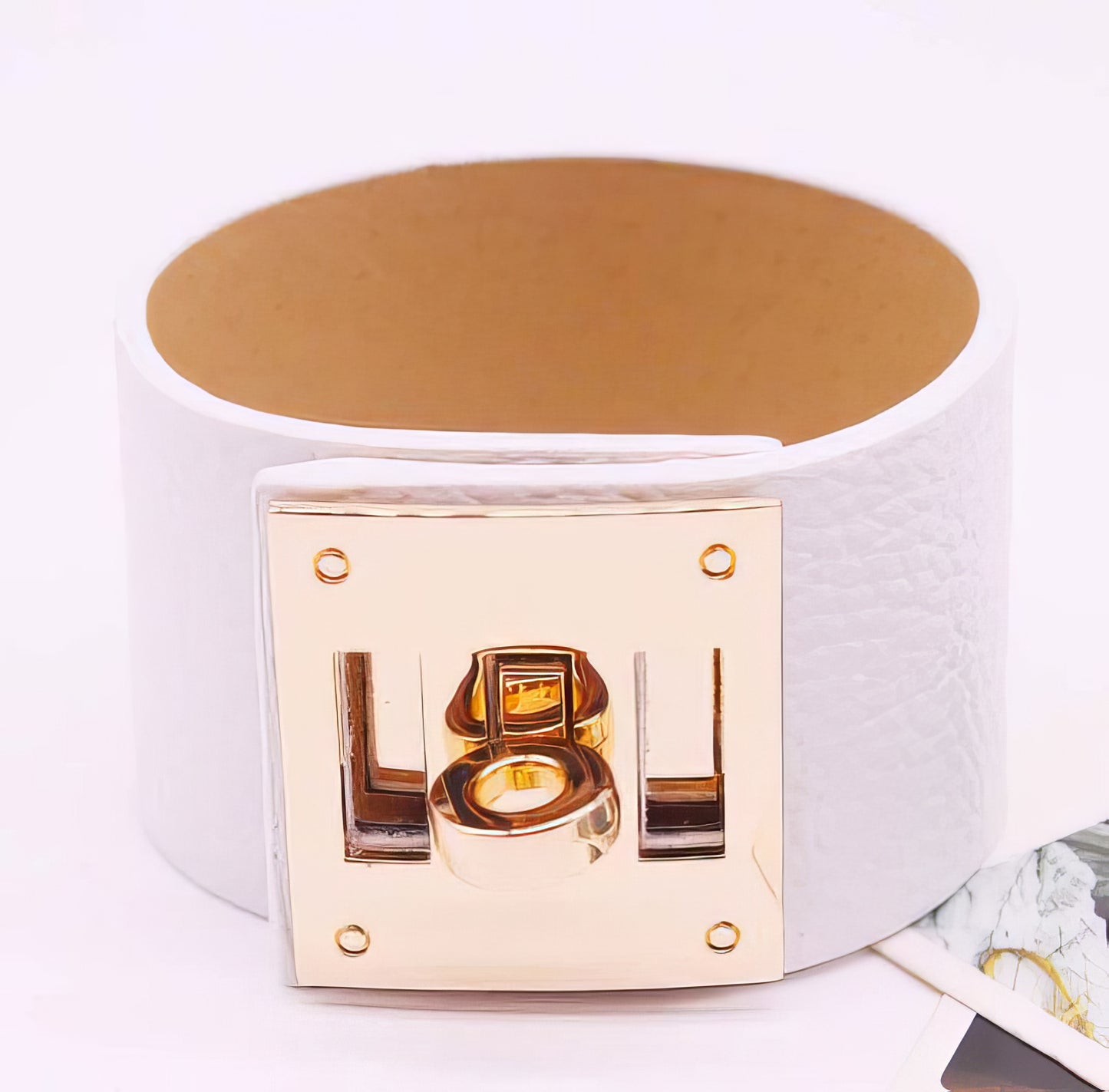 Wide Leather Cuff Bracelet  in White and Gold