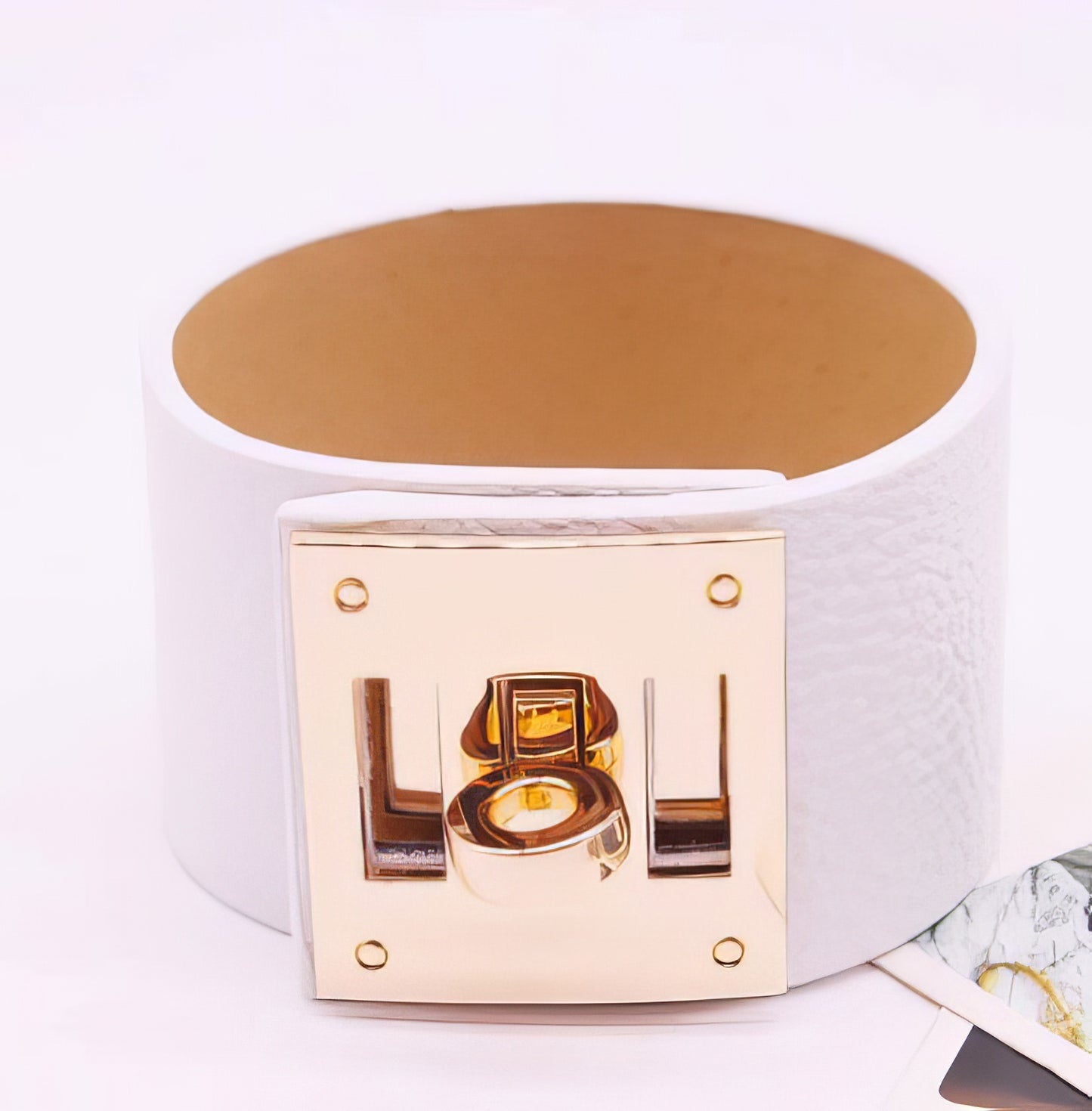 Wide Leather Cuff Bracelet  in White and Gold