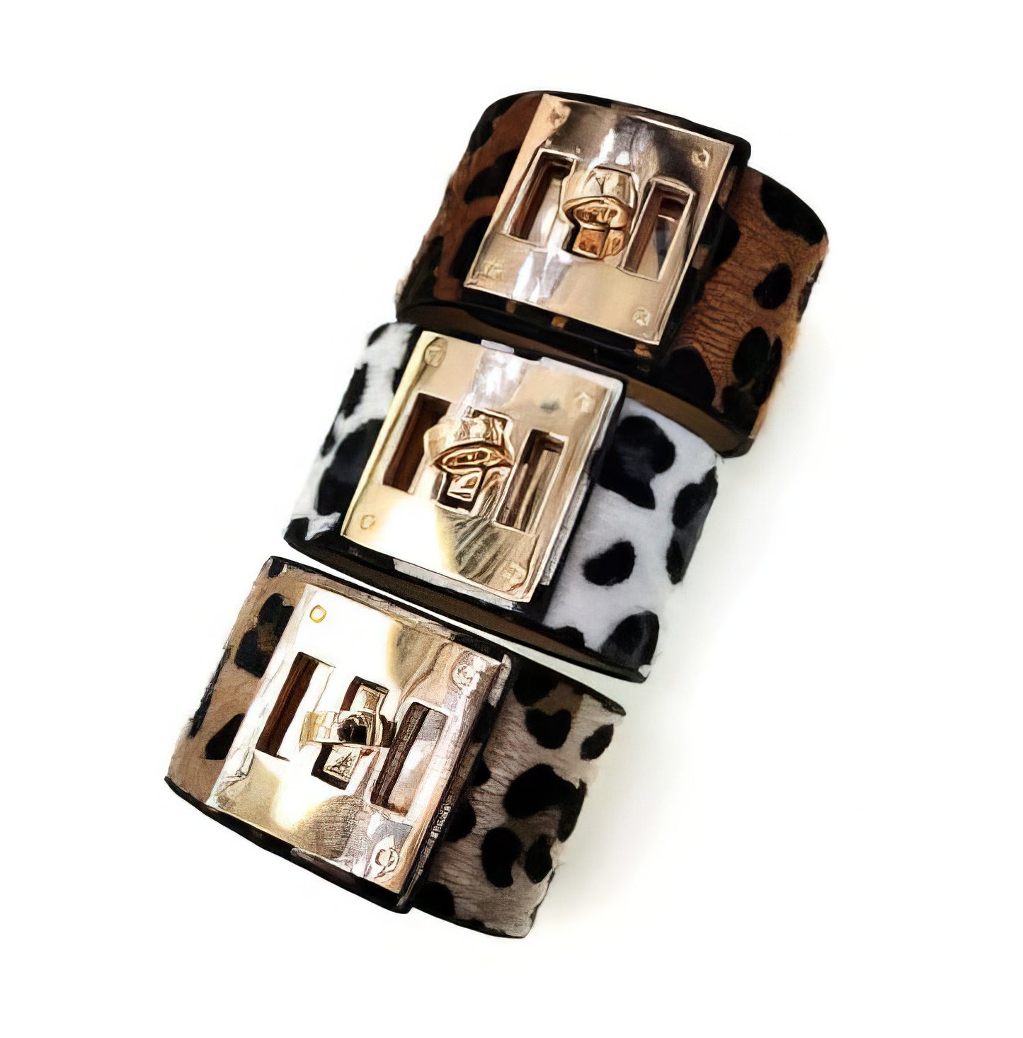 Wide Leather Cuff Bracelet  in White Cheetah and gold