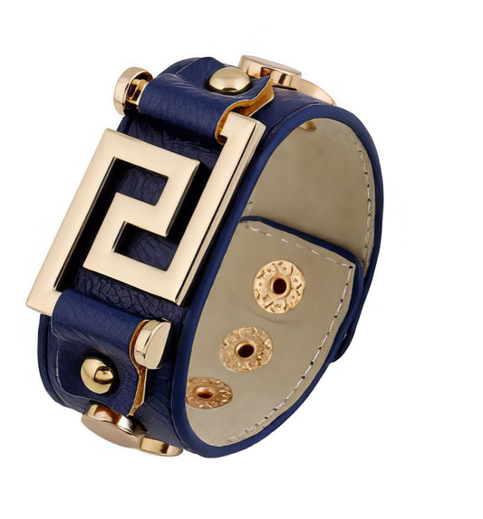 Greek Key Snap Closure Gold Stud Cuff Bracelet in Blue