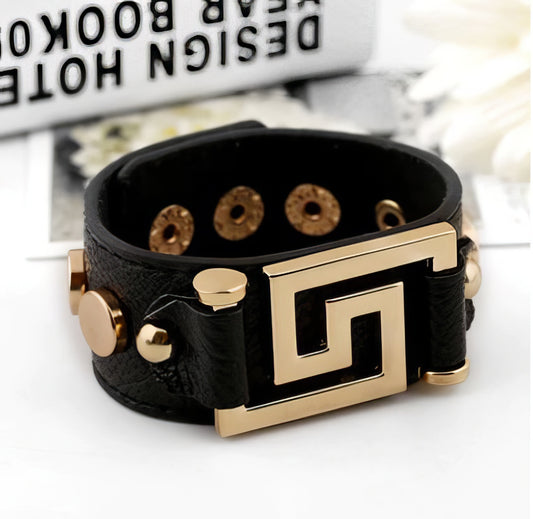 Greek Key Snap Closure Gold Stud Cuff Bracelet in Black