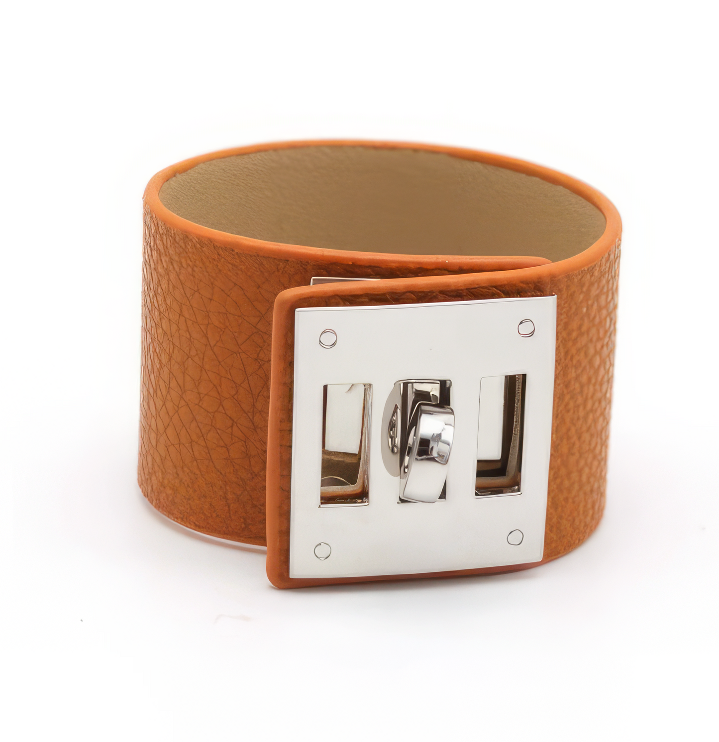 Wide Leather Cuff Bracelet in Caramel and Silver