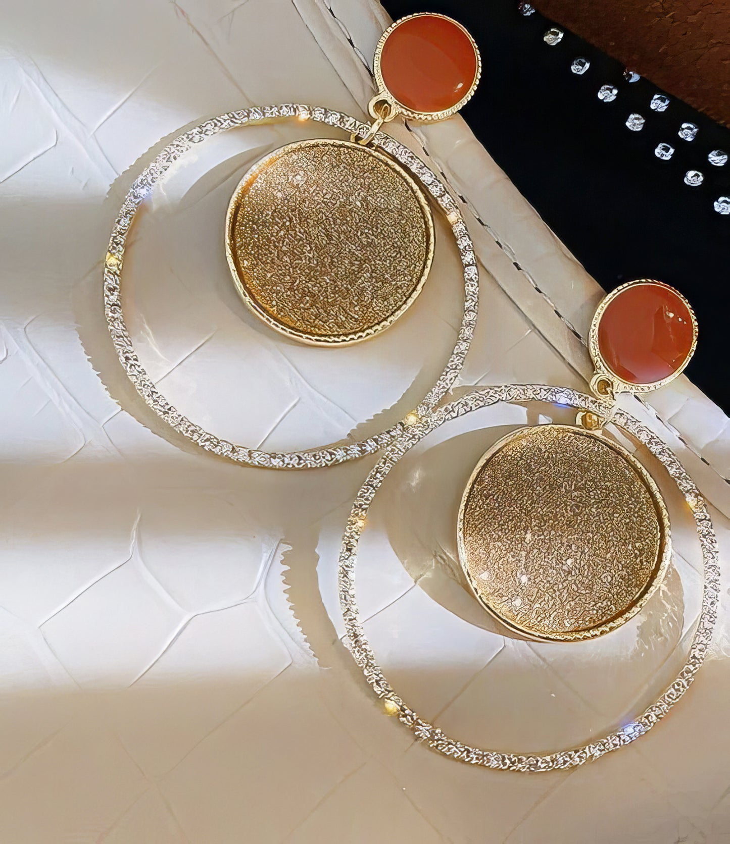 Geometric Drop Rhinestone Hoop Earrings in Butterscotch and Gold