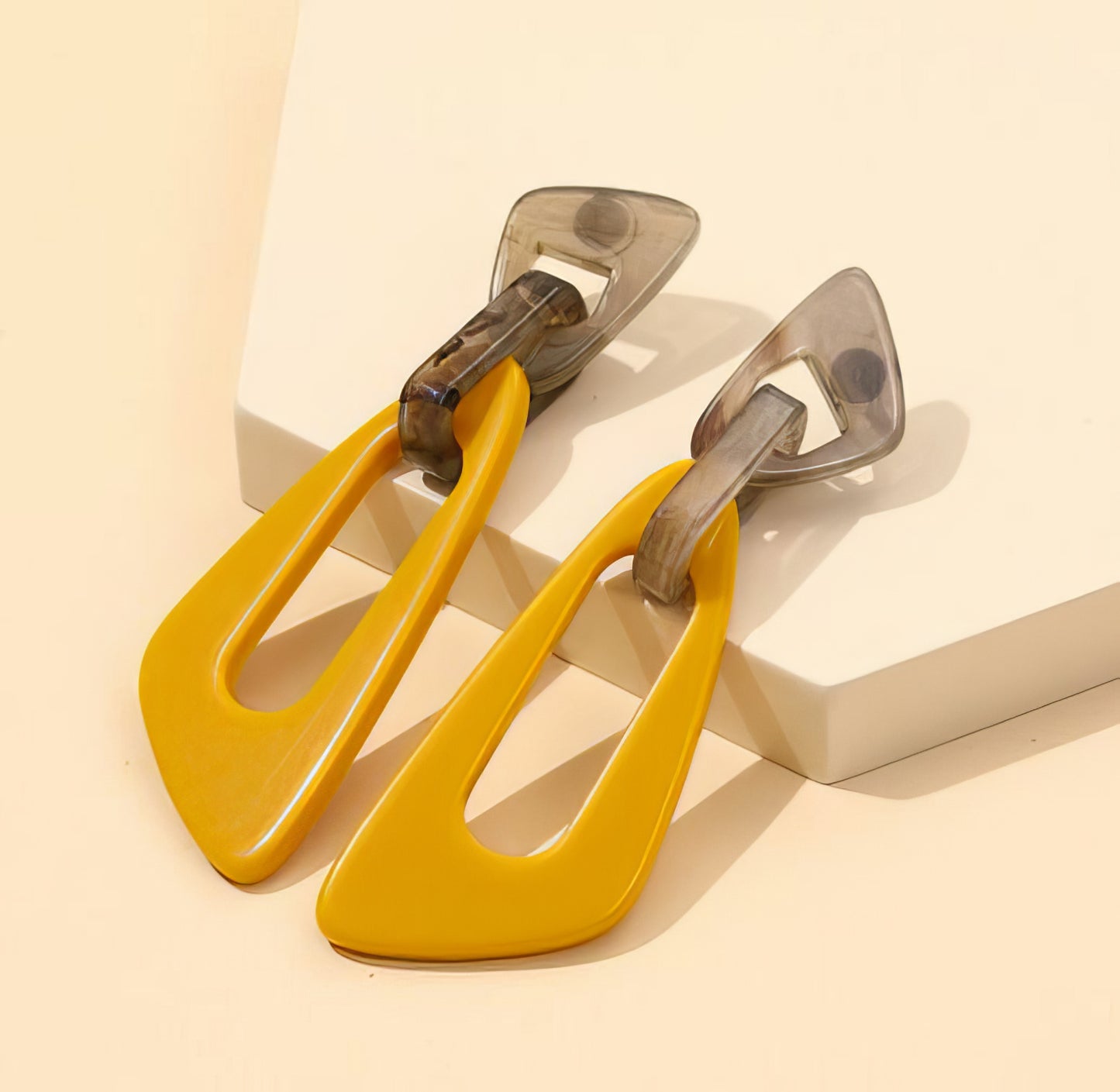 Classic Drop Fashion Resin Long Big Geometric Dangling Earring in Mustard and Khaki