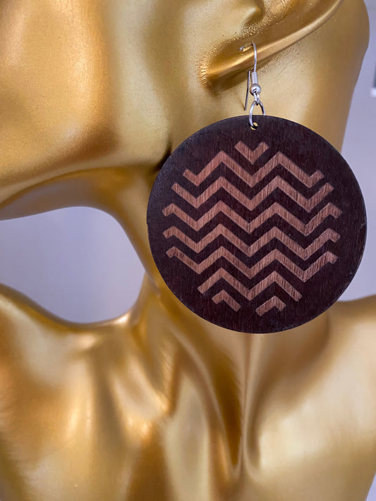 Roots Zig Zag Pattern Wood Earrings in Brown and Tan