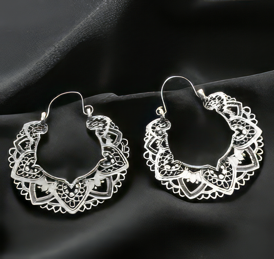 Boho Vintage Retro Drop Hoop Earrings in Silver