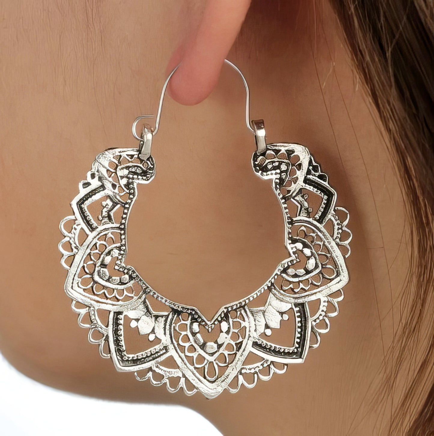 Boho Vintage Retro Drop Hoop Earrings in Silver