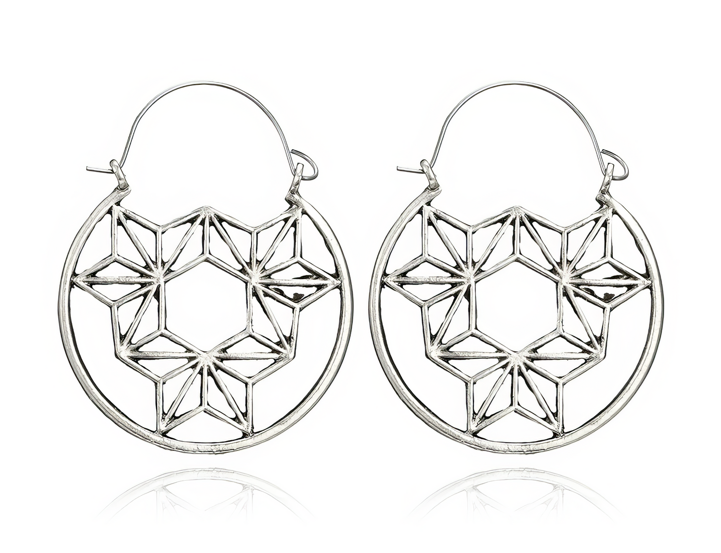 Boho Geometric Vintage Retro Drop Hoop Earrings in Silver