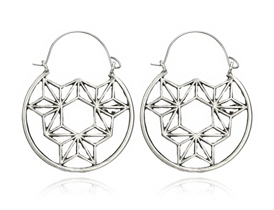 Boho Geometric Vintage Retro Drop Hoop Earrings in Silver