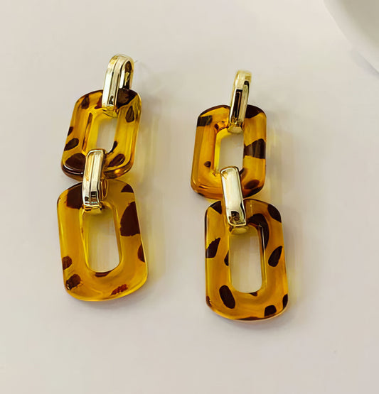 Classic Drop Fashion Resin Double Geometric Dangling Earrings in Tortoise and Gold