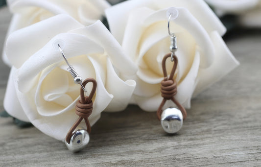 Boho Retro Metal and Wrapped Leather Drop Earrings in Silver