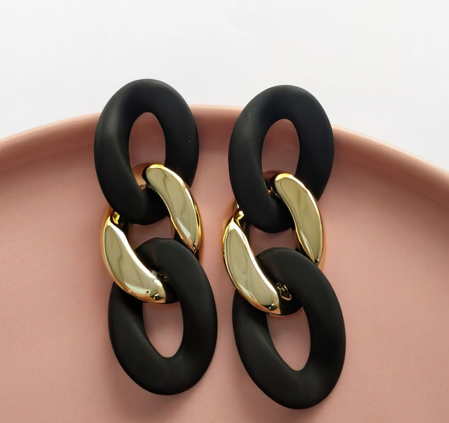 Resin Geometric Triple Loop Dangling Earrings in Black and Gold