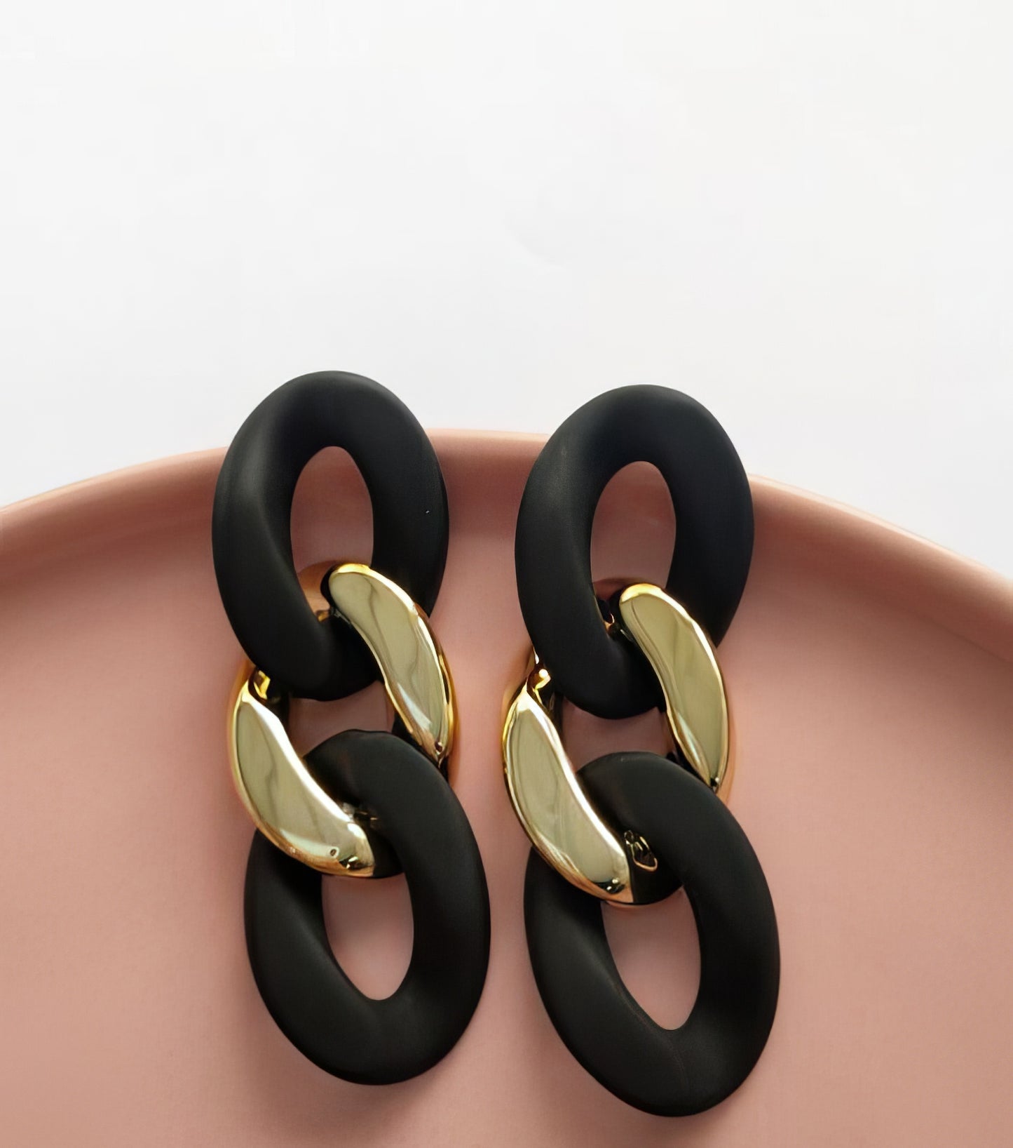 Resin Geometric Triple Loop Dangling Earrings in Black and Gold