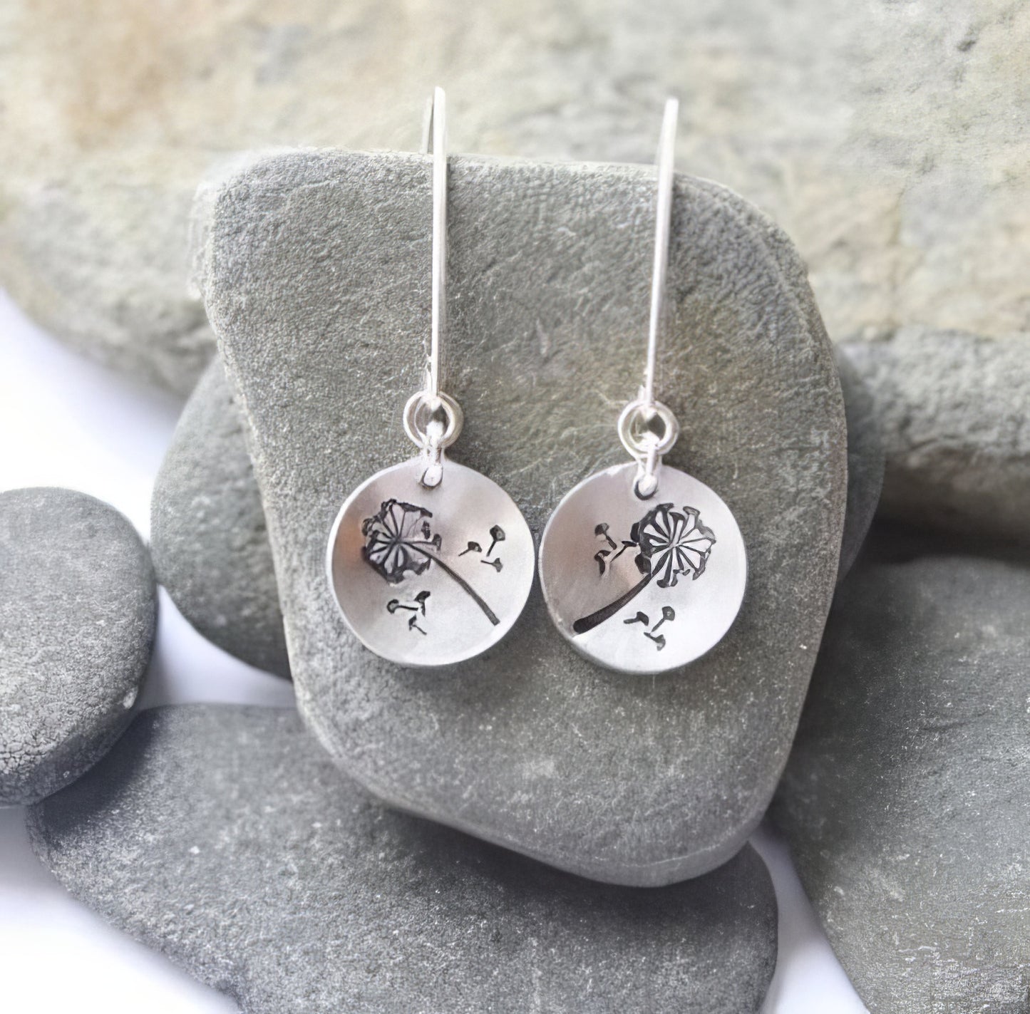 Boho Round Dished Stamped Dandelion Pendant Earrings