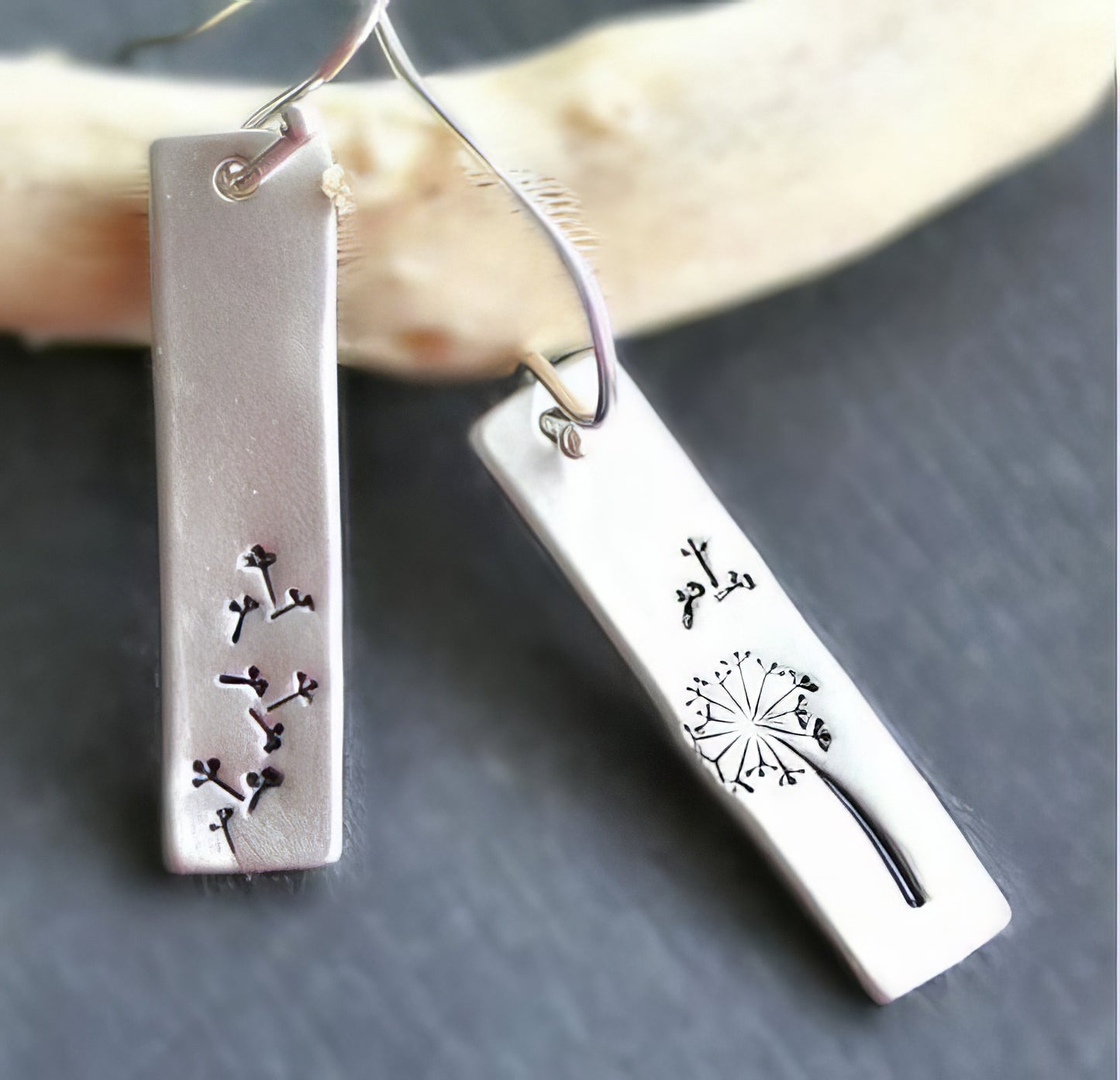 Boho Rectangle Stamped Dandelion Pendant Earrings