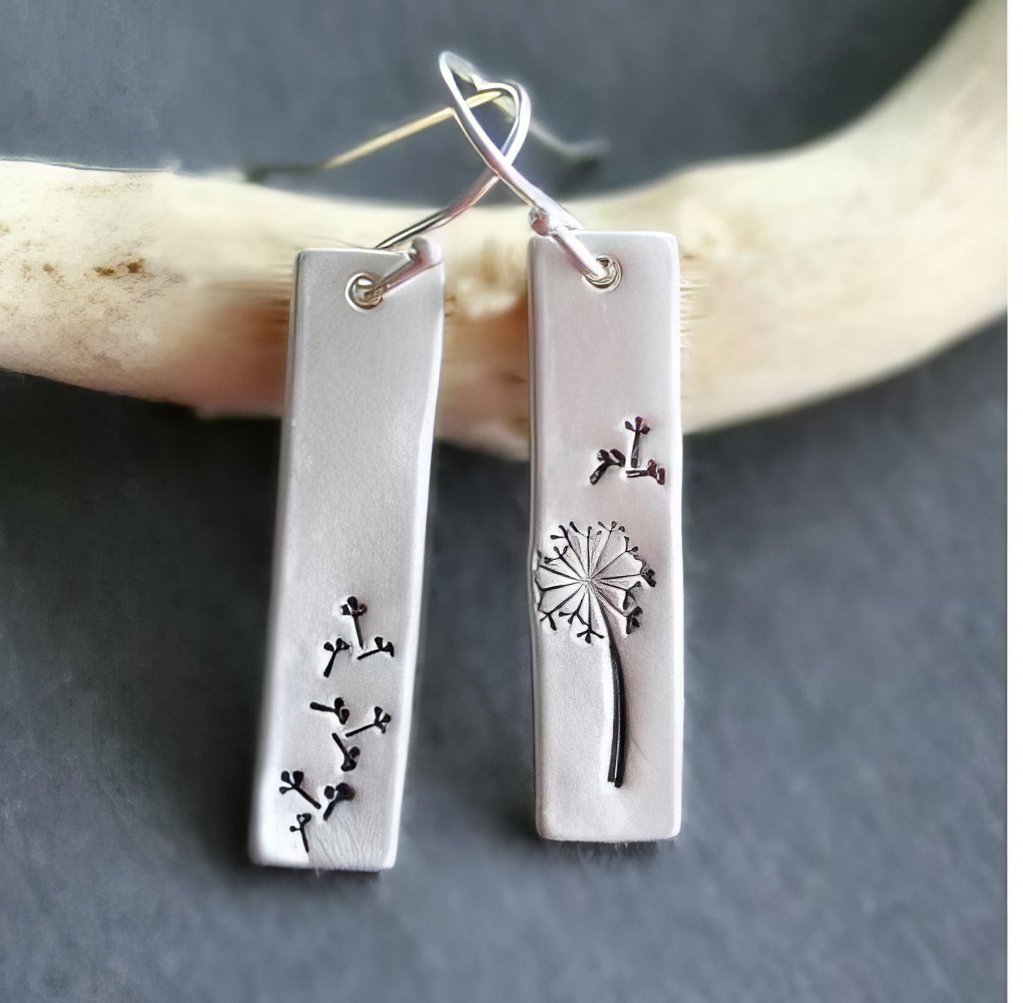 Boho Rectangle Stamped Dandelion Pendant Earrings