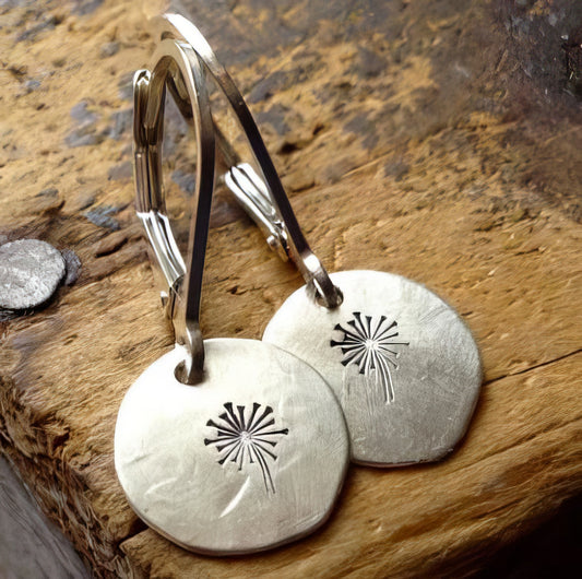 Boho Stamped Round Dandelion Pendant Earrings