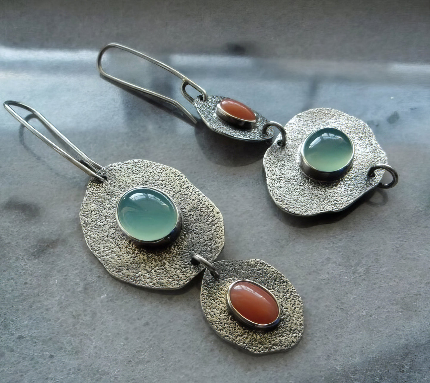 Boho Retro Metal Shapes Looped Green Brown Stone Drop Earrings