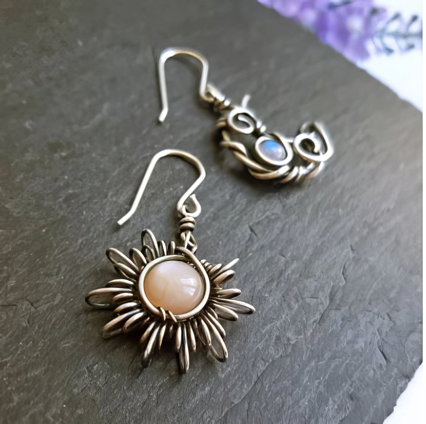 Bohemian Sun and Moon Dangle Earrings in Silver