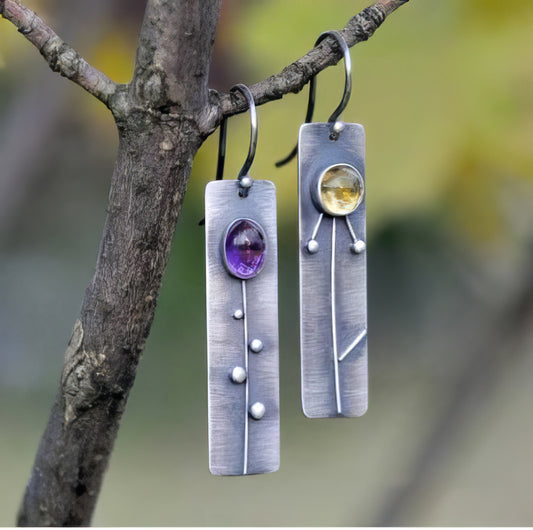 Bohemian Bar Flower Sculpture Pink and Gold Stone Earrings