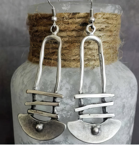 Bohemian Metal Abstract Gypsy Tribe Earrings in Silver