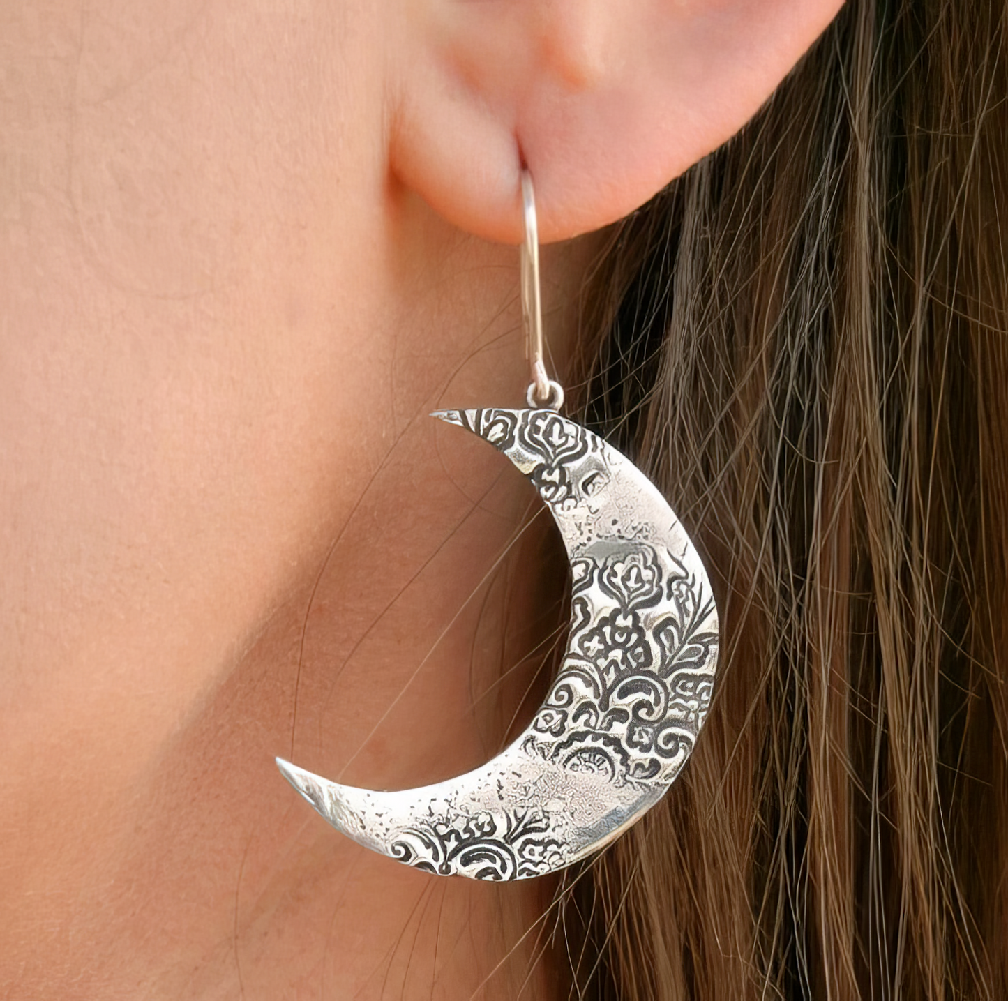 Bohemian Metal Stamped Moon Earrings in Silver