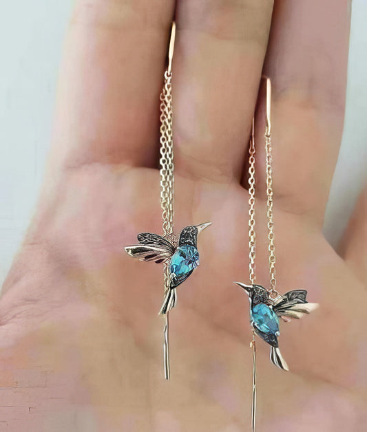 Hummingbird Chain Tassel Earrings in Blue