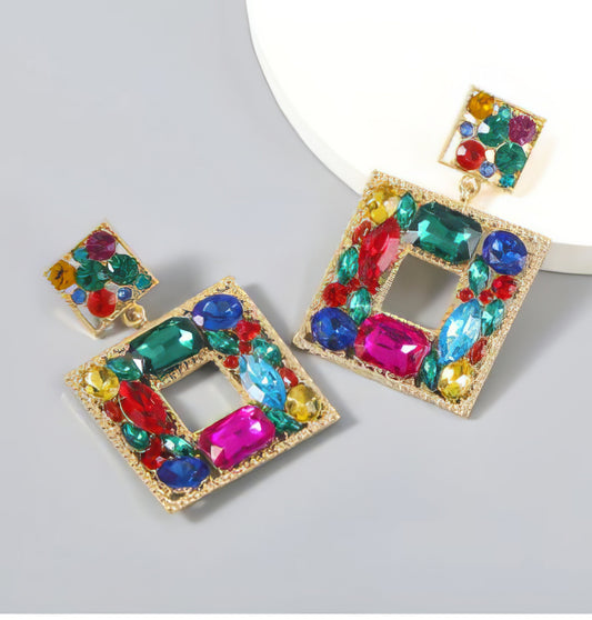 Sparkling Geometric Color Rhinestone Drop Earrings