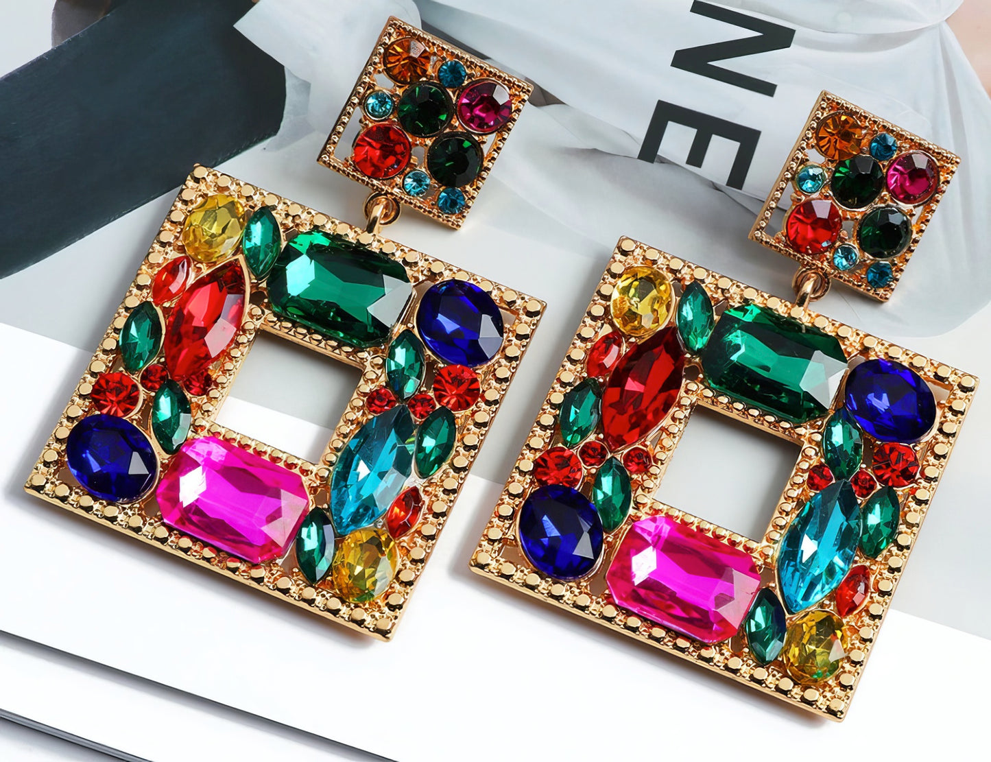 Sparkling Geometric Color Rhinestone Drop Earrings