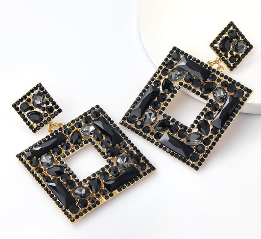 Sparkling Geometric Black Rhinestone Drop Earrings