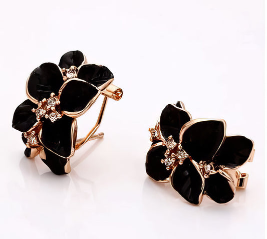 Fashion Rose Flower Enamel Earrings in Rose Gold and Black