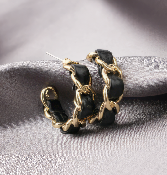 Exaggerated Twisted Open Loop Chain Black Leather Earrings