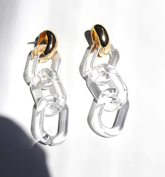 Classic Drop Fashion Resin Triple Loop Long Big Geometric Dangling Earrings in Clear and Gold