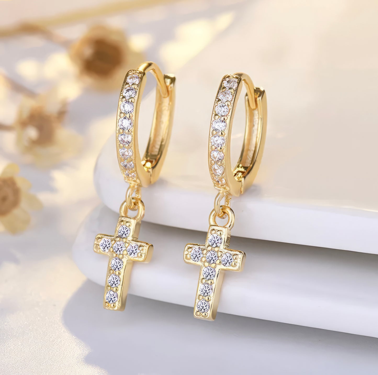 925 Sterling Silver Small Cross Zircon Earrings in Gold