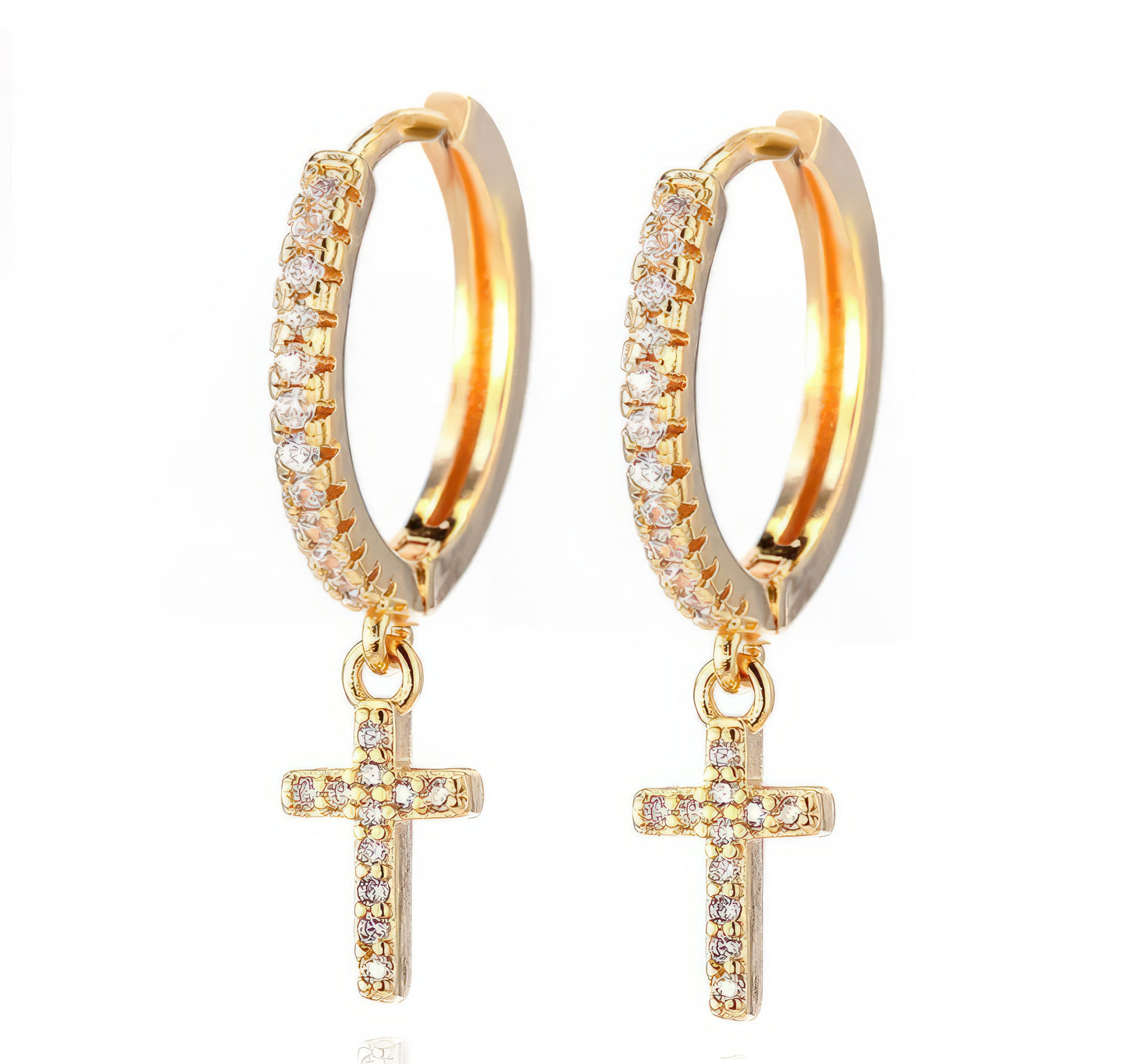 925 Sterling Silver Small Cross Zircon Earrings in Gold