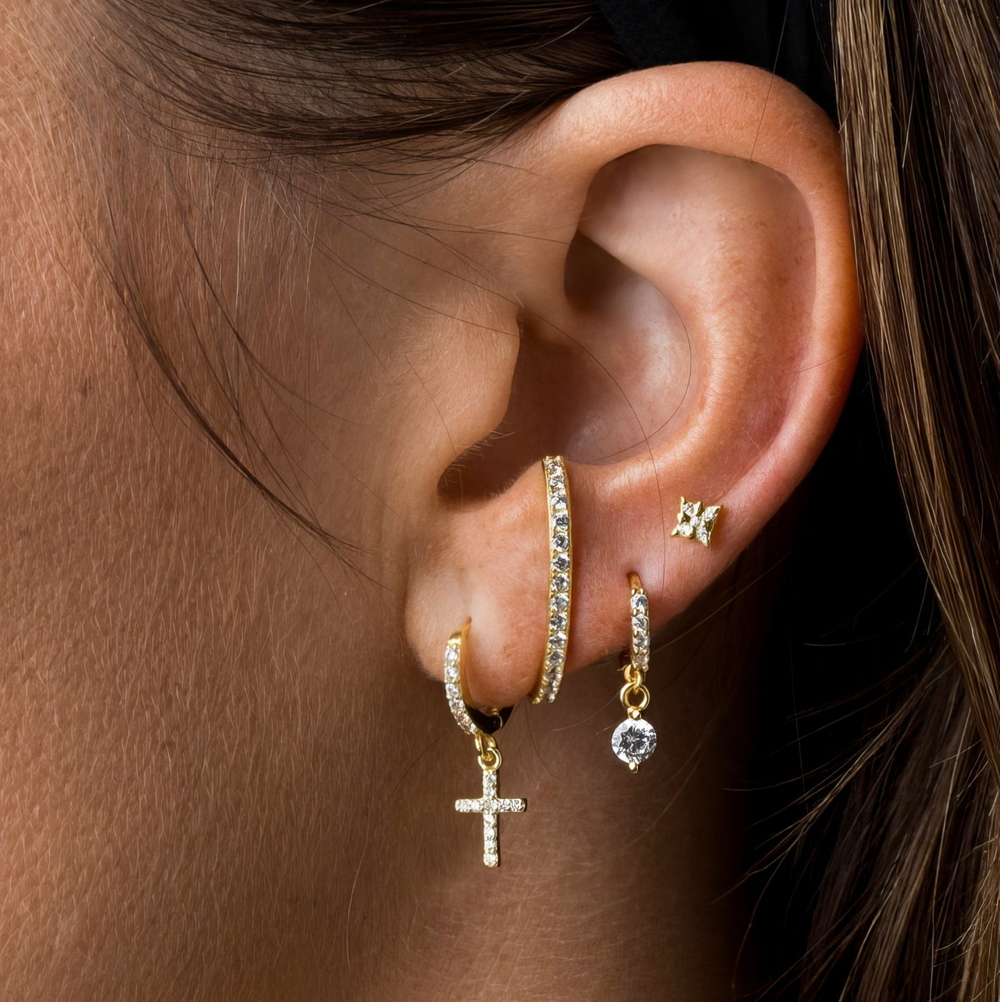 925 Sterling Silver Small Cross Zircon Earrings in Gold