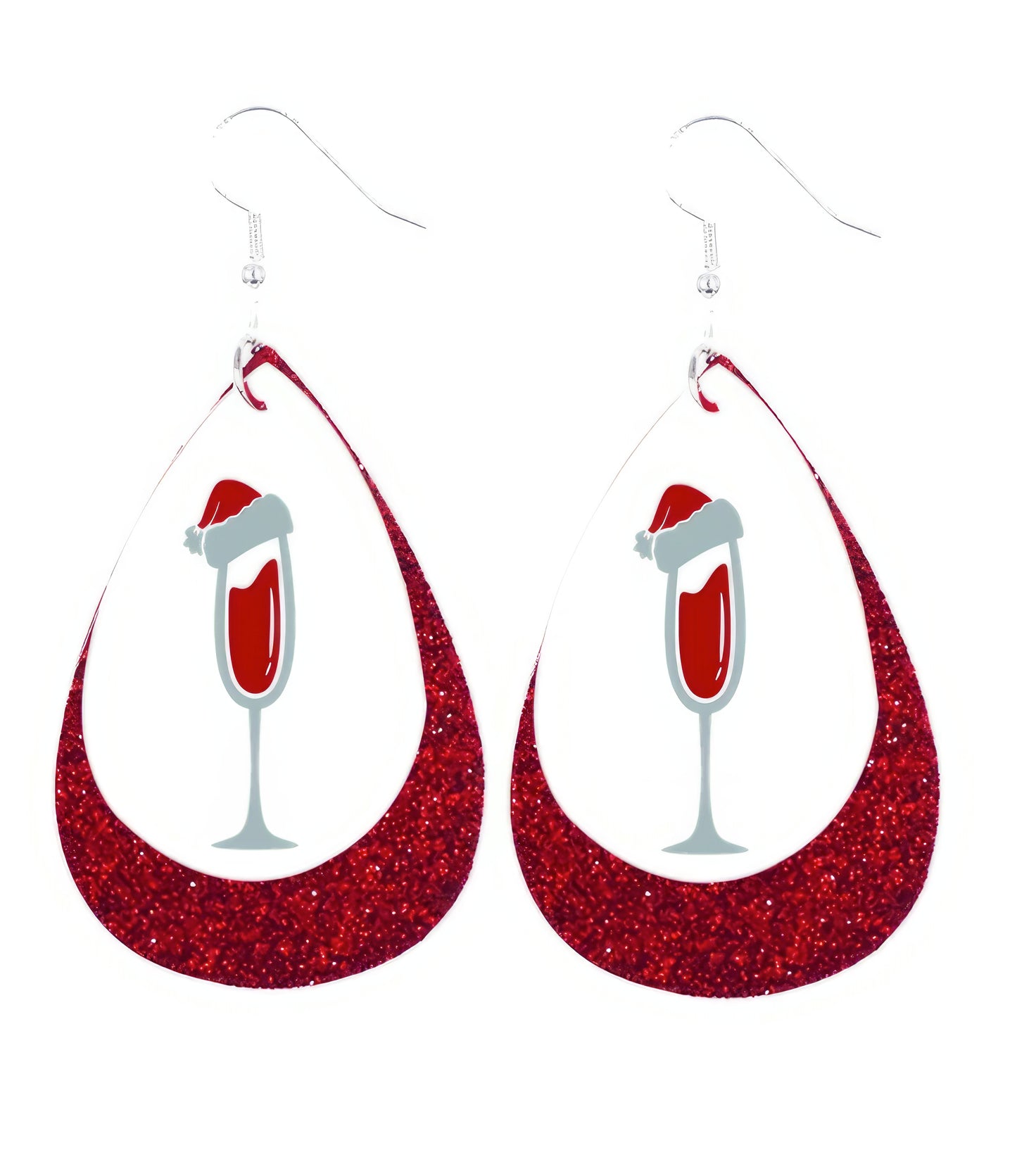 Christmas Faux Leather Teardrop Champagne Glass Glitter Earrings