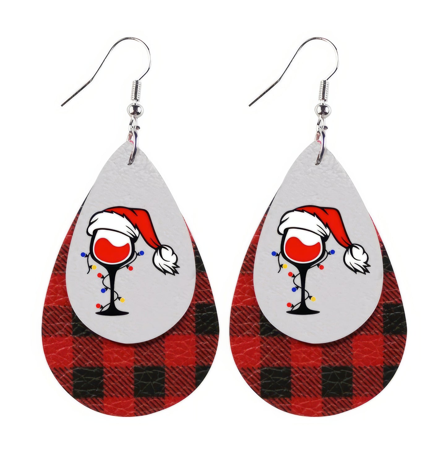 Christmas Faux Leather Teardrop Wine Glass Plaid Earrings