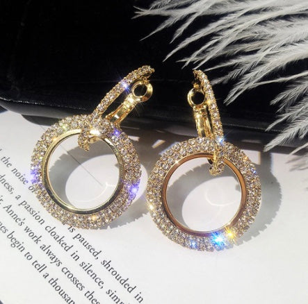 Rhinestone Circle Drop Earrings in Gold