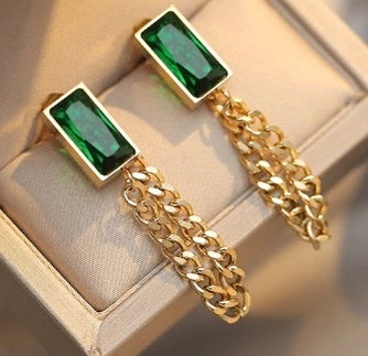 Rectangle Emerald Green Crystal Stainless Steel Chain Earrings