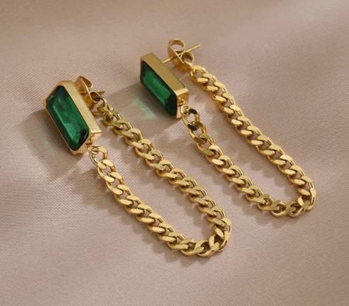 Rectangle Emerald Green Crystal Stainless Steel Chain Earrings