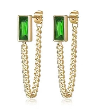 Rectangle Emerald Green Crystal Stainless Steel Chain Earrings