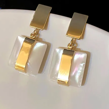 Rectangle Metal Wrapped Pearl Drop Earrings