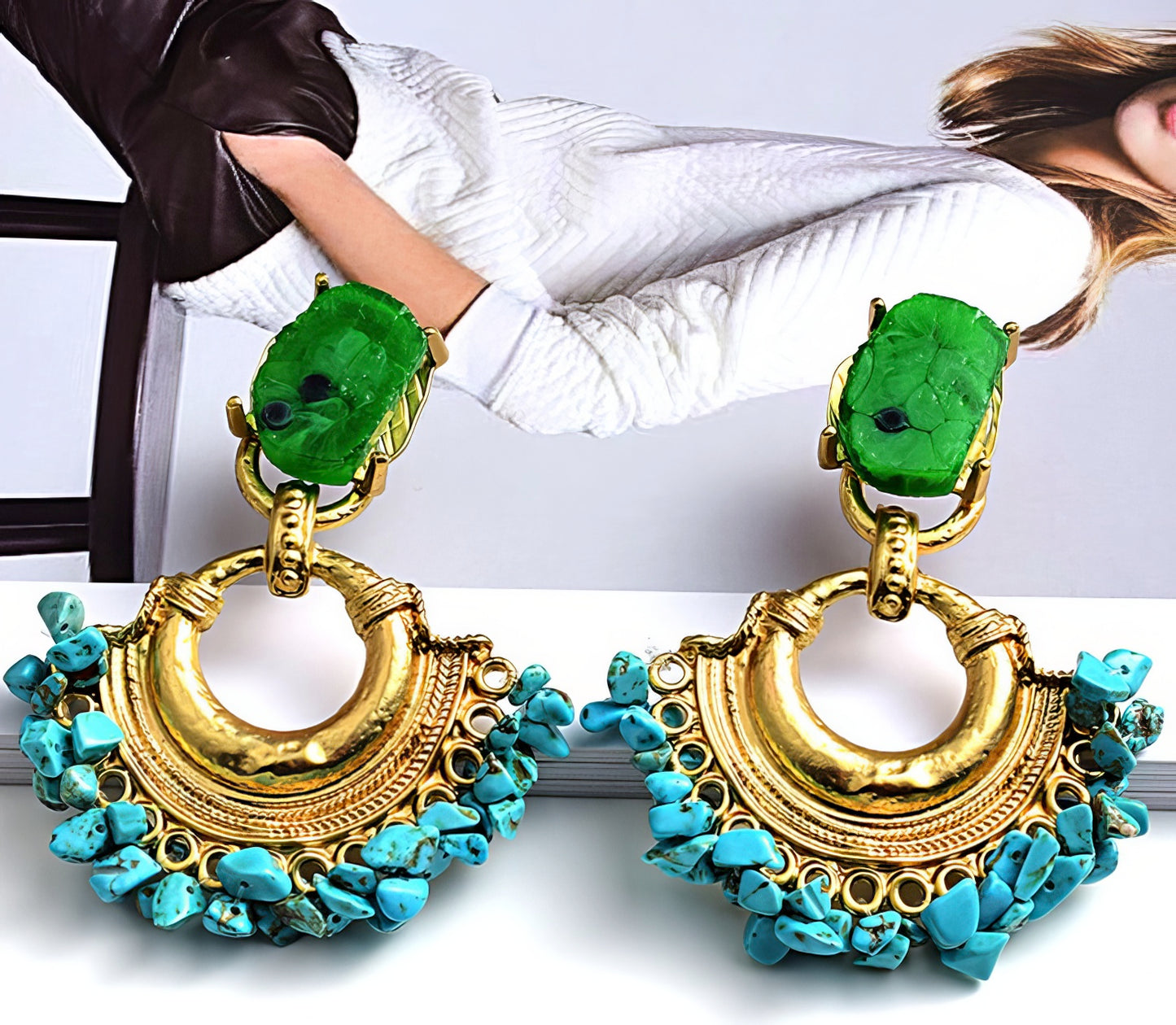 Handmade Bohemian Crystal Drop Earrings in Emerald and Turquoise