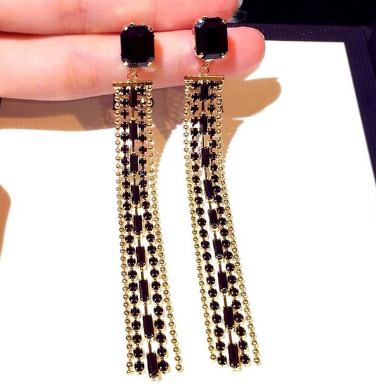 Black Crystal Tassel Long Drop Earrings