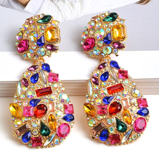 Multi Color CZ Crystal Long Drop Earrings