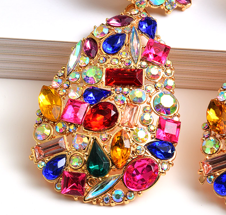 Multi Color CZ Crystal Long Drop Earrings